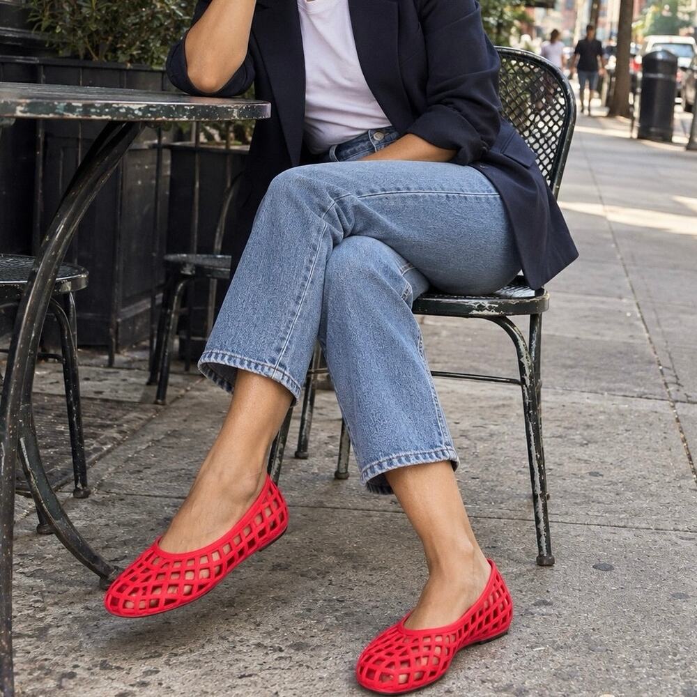 Cushionaire Red Jelly Ballet Flats Rubber Cage Cutout Shoes Retro Minimalist 7